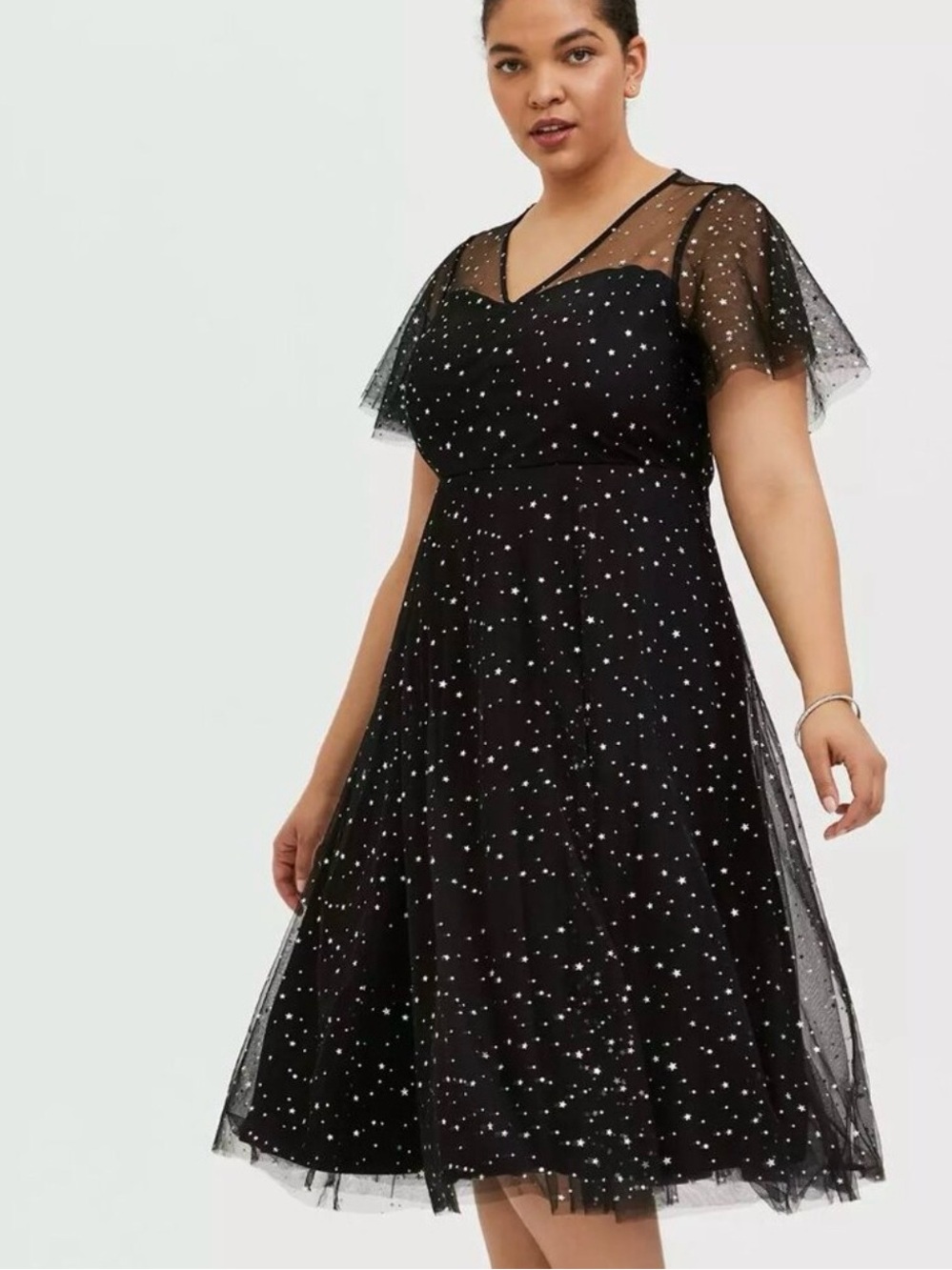 torrid Black Star-Print Mesh Tulle Fit & Flare Midi Dress